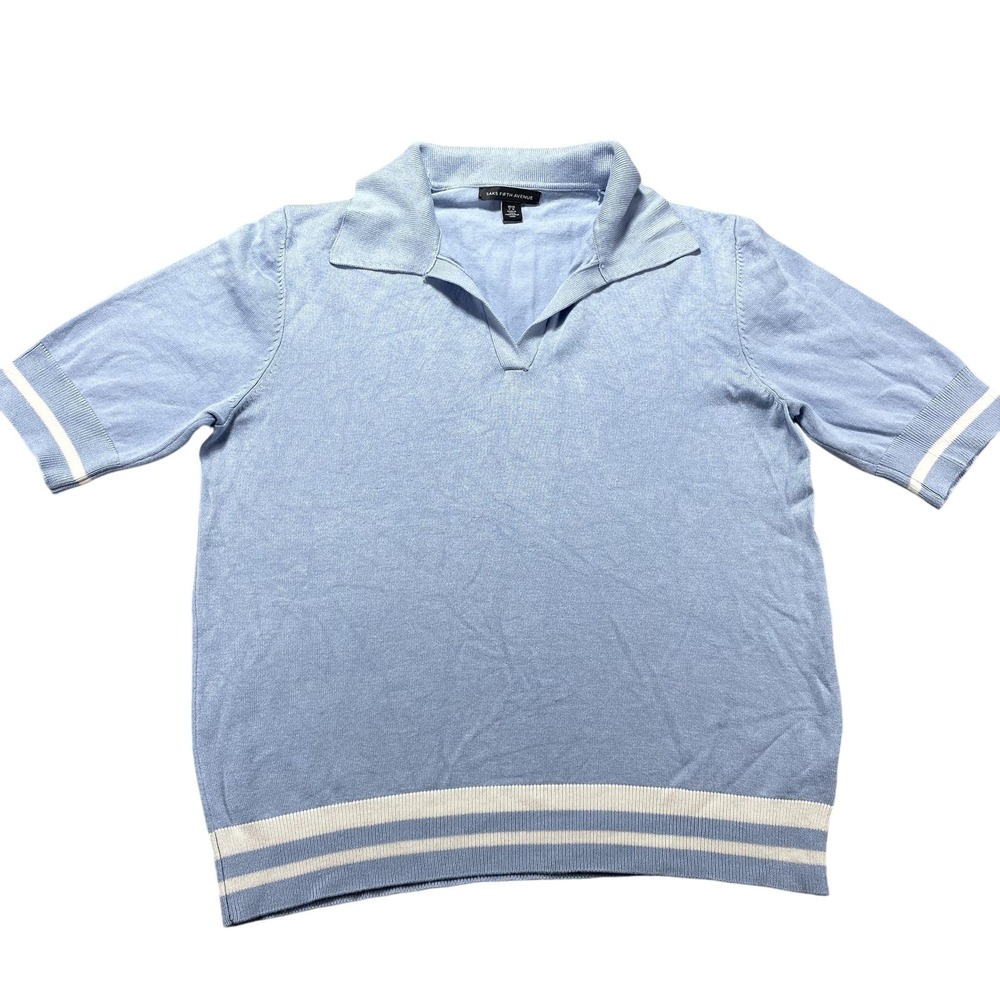 Saks Fifth Avenue Sweater Womens Large Blue Short Sleeve Collared Knit Stripe
